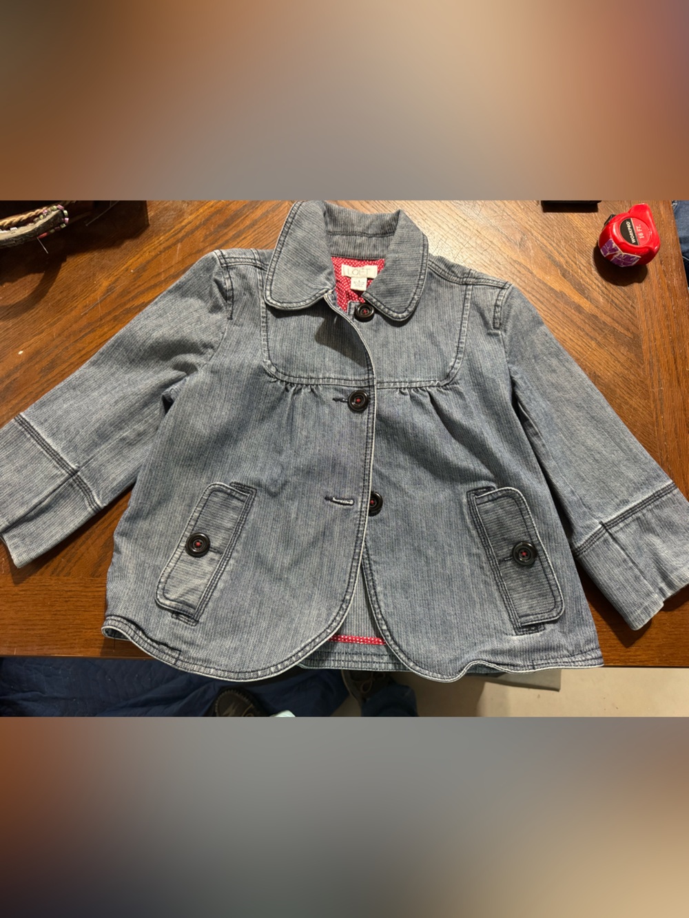 LOFT womens Denim Jacket with Red Polka Dot Lining